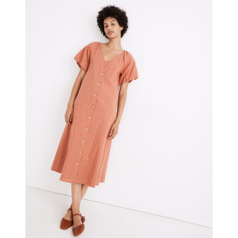 Madewell Embroidered Eyelet Bubble-Sleeve Button-Front Midi Dress Sweet Dahlia M